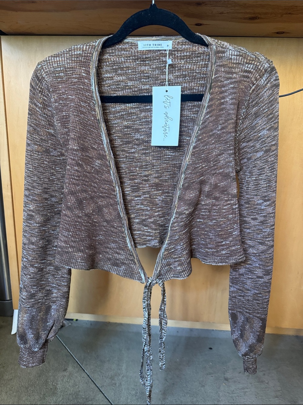 Women’s 12th Tribe Marled Brown Tie-Front Cropped sweater top size M NWT